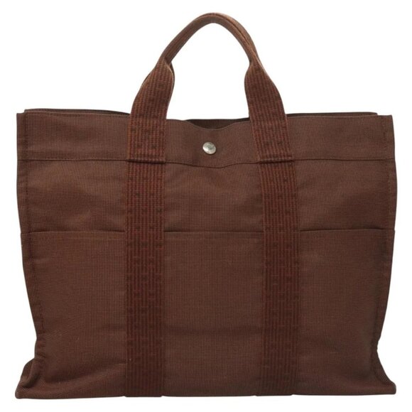 HERMES Her Line MM Tote Bag Canvas Brown Silver Auth - Picture 5 of 16